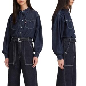 Levi's Payton Pearl Snap Denim Shirt Top Dark Wash Blouson Sleeve Medium
